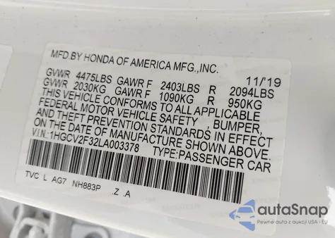 2020 Honda Accord Sport 2.0T from USA, damaged, VIN 1HGCV2F32LA003378